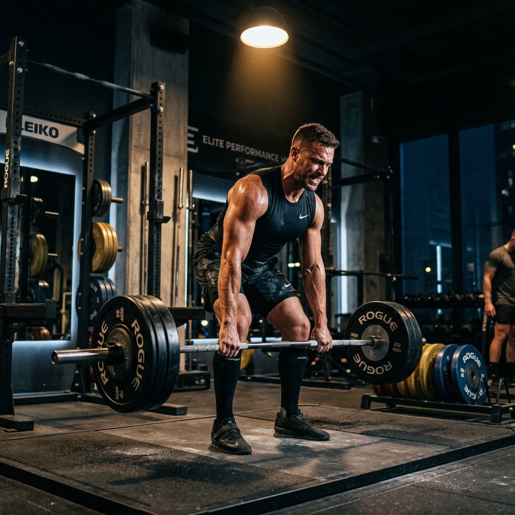 Elite male athlete training intensely in a modern dark gym