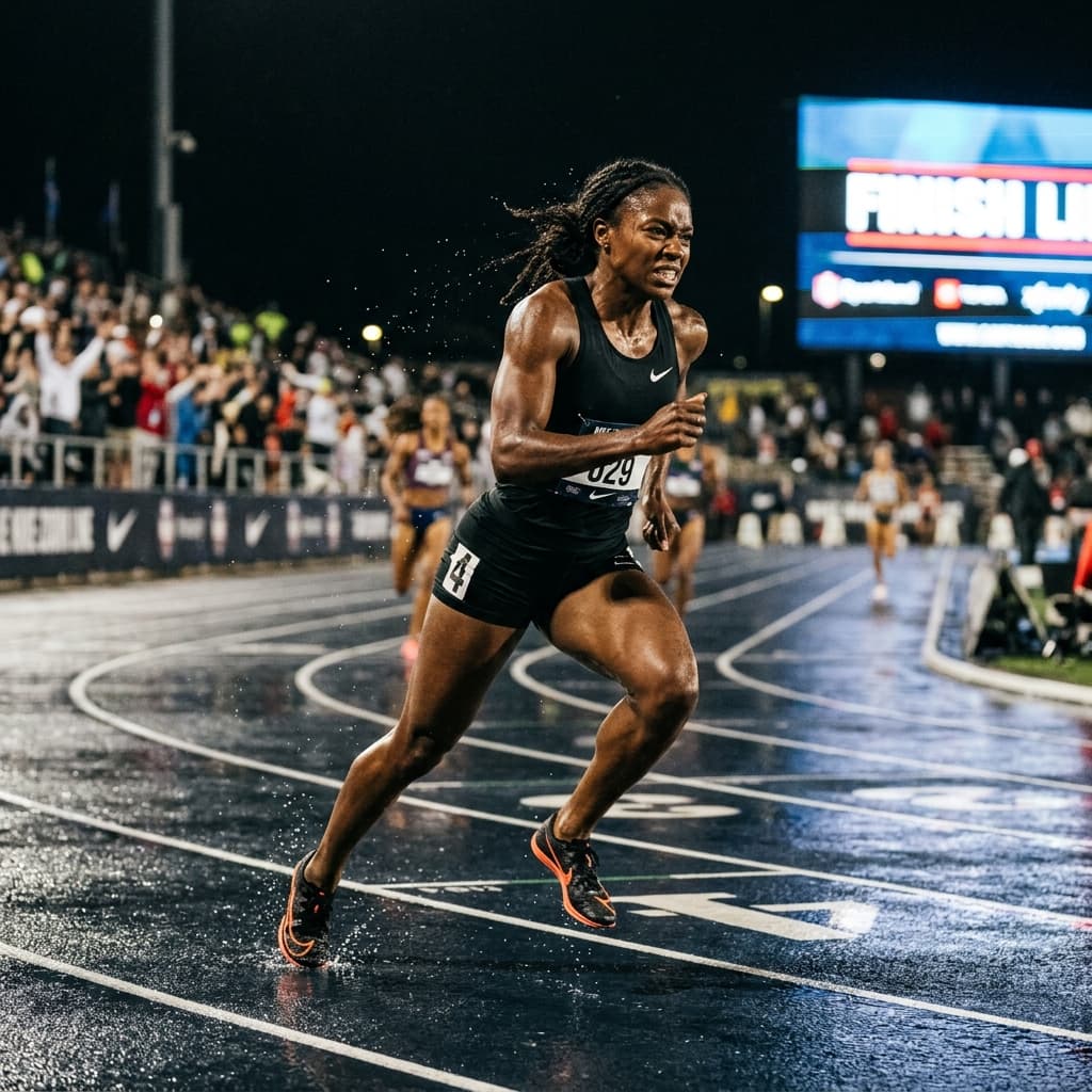 Elite female track athlete sprinting under stadium lights